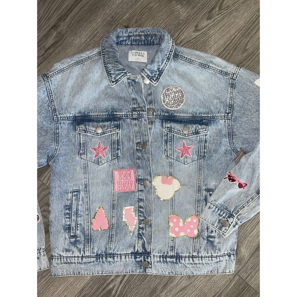 Custom One Of Kind Women's Size Small Tinsel Town Denim Jean Jacket Pink Patches